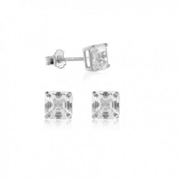 Asscher Cut 4-10mm White CZ in Gold or Rhodium Plated Sterling Silver Basket Setting Stud Earrings - C711IIA5UJB