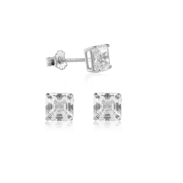 Asscher Cut 4-10mm White CZ in Gold or Rhodium Plated Sterling Silver Basket Setting Stud Earrings - C711IIA5UJB