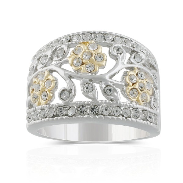 JanKuo Jewelry Rhodium and Gold Plated Milgrain Edge Filigree Flower Crystals Wide Band Ring - CU12CJBU84R