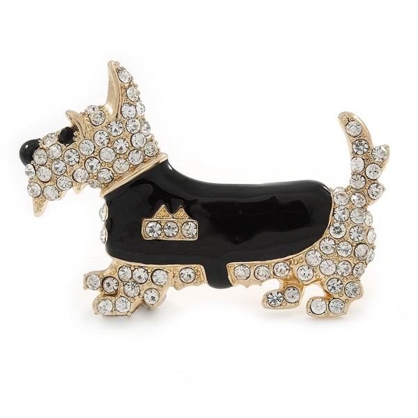 Gold Plated Clear Austrian Crystal- Black Enamel Scotty Dog Brooch - 55mm L - CF128F2OQLP