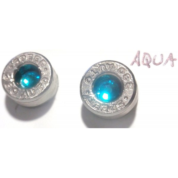 Small 380 caliber Silver Bullet Casing Earrings Stainless steel post w Aqua Teal crystal - CQ11KERT1NX