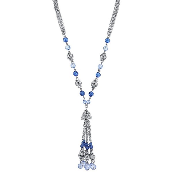 1928 Jewelry Silver-Tone and Sapphire Color Bead Tassel Necklace - CA11WG7S7JX