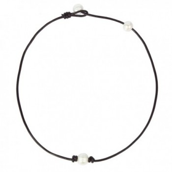 Bonnie Handmade Single White Freshwater Pearl Choker Necklace Bead on Leather 14-19.7" - CF12N3CMMLK