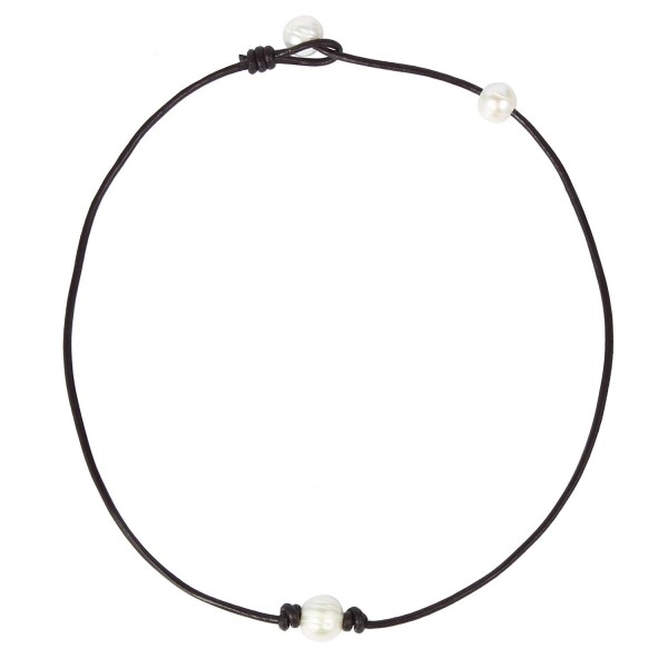 Bonnie Handmade Single White Freshwater Pearl Choker Necklace Bead on Leather 14-19.7" - CF12N3CMMLK