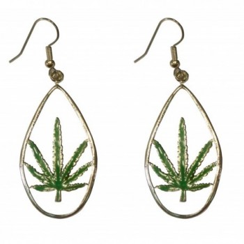 Marijuana Weed Pot Leaf Green Enamel on Pewter Dangle Earrings - CU11C5FUXLV