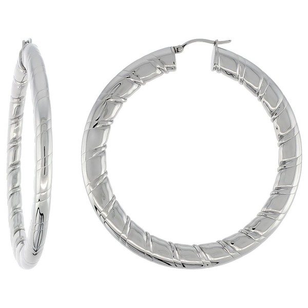 Stainless Steel Flat Hoop Earrings 2 1/2 inch Round 4 mm wide Candy Stripe Pattern Light Weightt - CV110S70BU1