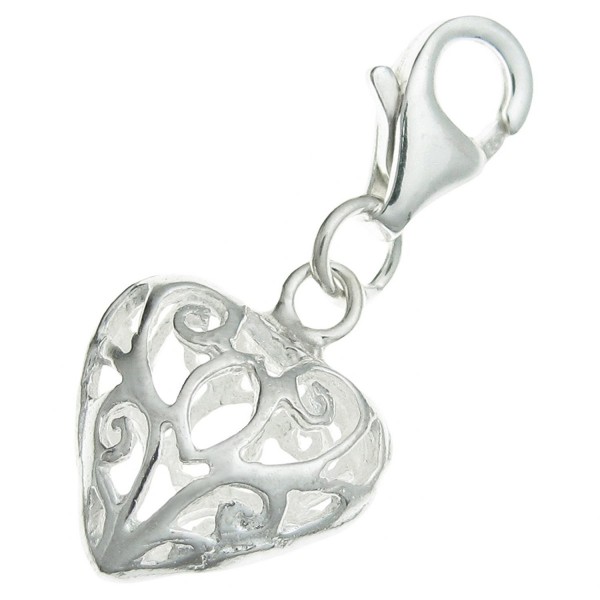 .925 Sterling Silver Heart Love Filigree Dangle Bead Clasp European Lobster Trigger Clip On Charm - CQ11D3QJK15