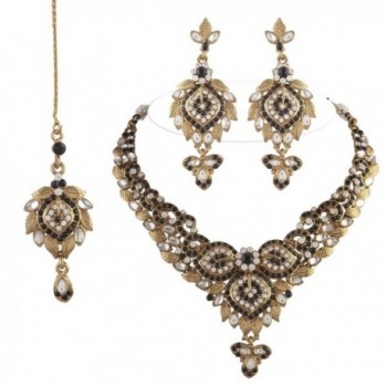 I Jewels Women's Traditional Gold Plated Kundan Necklace Set With Maang Tikka - Black - CT11NXURXJR