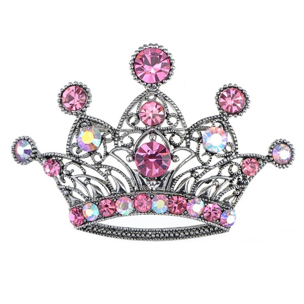 Alilang Silvery Tone Iridescent Pink Colored Rhinestones Princess Crown Brooch Pin - CN1163ZMQ3H