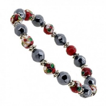 Magnetic Simulated Black Faceted Hematite Stone Cloisonné Beaded Flower Stretch Bracelet - CT1256UHAVV