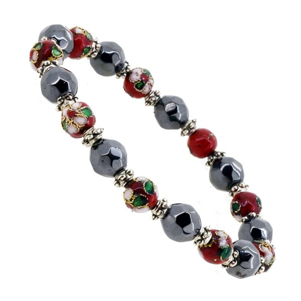 Magnetic Simulated Black Faceted Hematite Stone Cloisonné Beaded Flower Stretch Bracelet - CT1256UHAVV