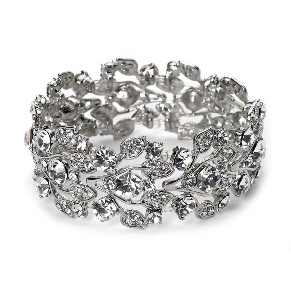 ACCESSORIESFOREVER Bridal Jewelry Crystal Rhinestone Floral Leaf Vine Stretch Bracelet Silver Clear - CI118TCYQS5