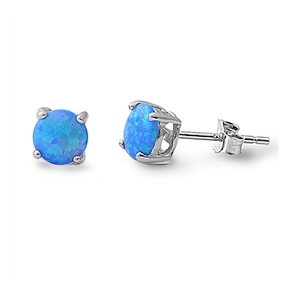Solitaire Stud Post Earring Round Lab Created Blue Opal 925 Sterling Silver - CL12MZYU9UW
