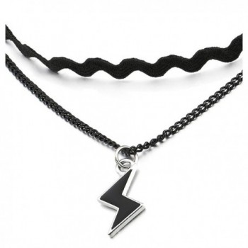 Ladies Women Two-Rows Black Choker Necklace with Chain and Lightning Bolt Charm Pendant - CA17YZHS74Z