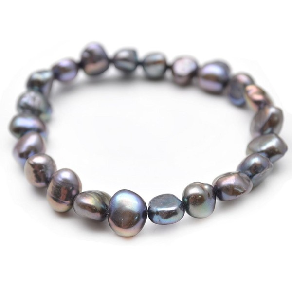 Flourishbeads Cultured Fresh Water Pearl Flat Oval Beads Stretch Bracelet Fashion Woman Jewelry - Black Gray - CV183MSC735