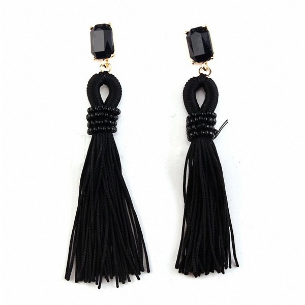 sanfnee Accessories Bead Fringe Dangle Drop Earrings Beaded Long Tassel Stud Earrings - Black - CT182LG36DL