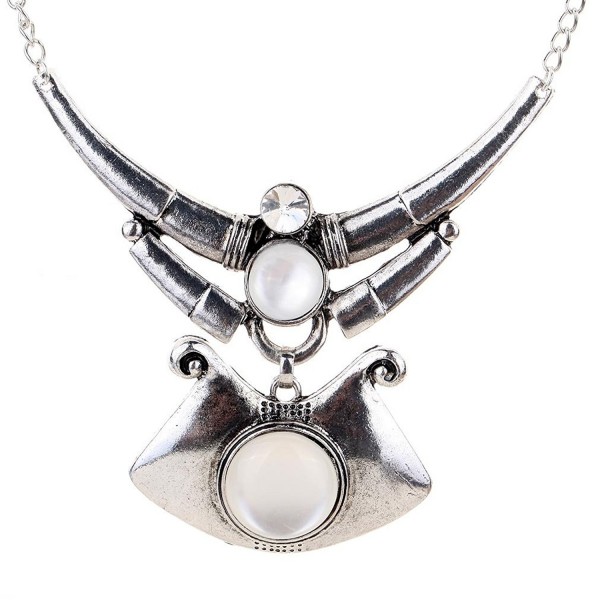 Yazilind Ethnic Design Tibeatn Silver Chain Irregular Shape Pure White Stone Chunky Bib Necklace - C811KGJT35P