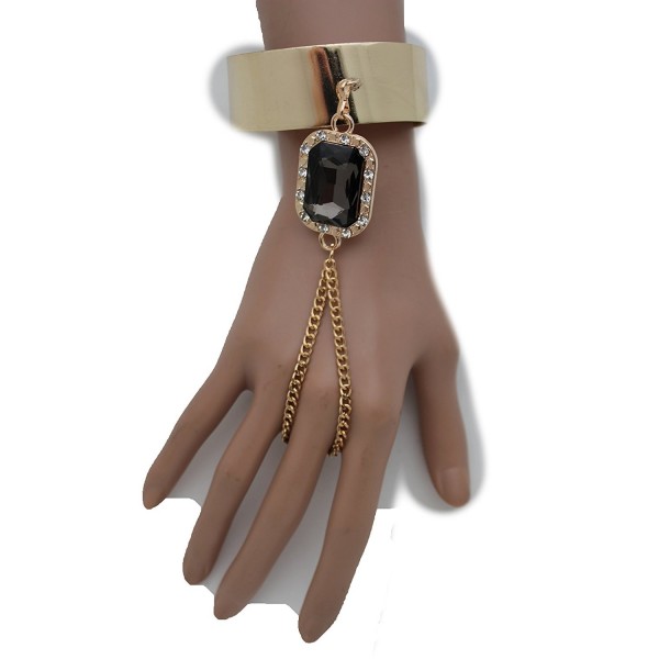 TFJ Women Fashion Jewelry Hand Chain Metal Bracelet Slave Ring Black Bead Charm Gold - CN128RK66W7