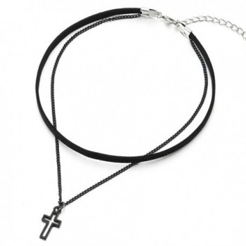 Ladies Womens Girls Two-Rows Black Choker Necklace with Black Chain and Cross Charm Pendant - CP1869025Y7