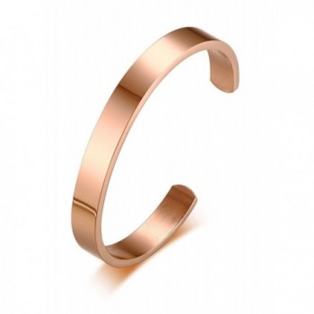 Free Engraving-18K Rose Gold Plated Stainless Steel Plain Open Cuff Bracelet for Men Women - CA185W2EKE3