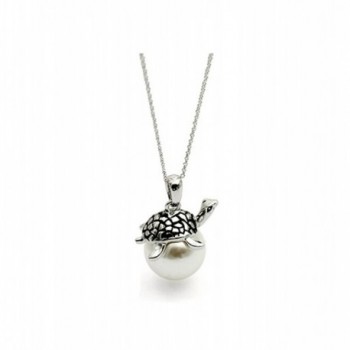 White Gold Plated Cute Simple Turtle with White Cultured Pearl Pendant Necklace Fashion Jewelry for Women - C111W0QEJ1Z