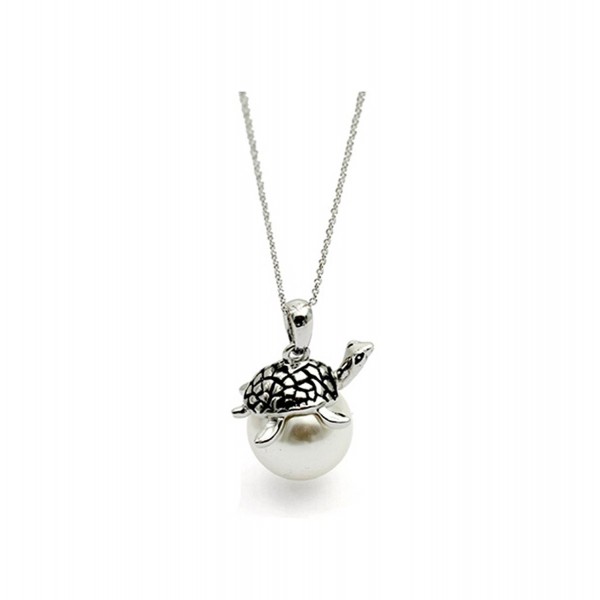 White Gold Plated Cute Simple Turtle with White Cultured Pearl Pendant Necklace Fashion Jewelry for Women - C111W0QEJ1Z