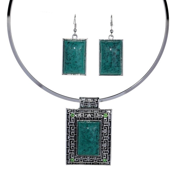 Yazilind Tibetan Silver Embossed Rhombus Red Turquoise Statement Bib Necklace Earrings Jewelry Set - Green - CZ11LOG1WUX