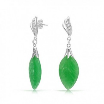 Bling Jewelry CZ Carved Leaf Simulated Green Jade Dangle Drop Earrings 925 Sterling Silver - CG11EQ24IV7