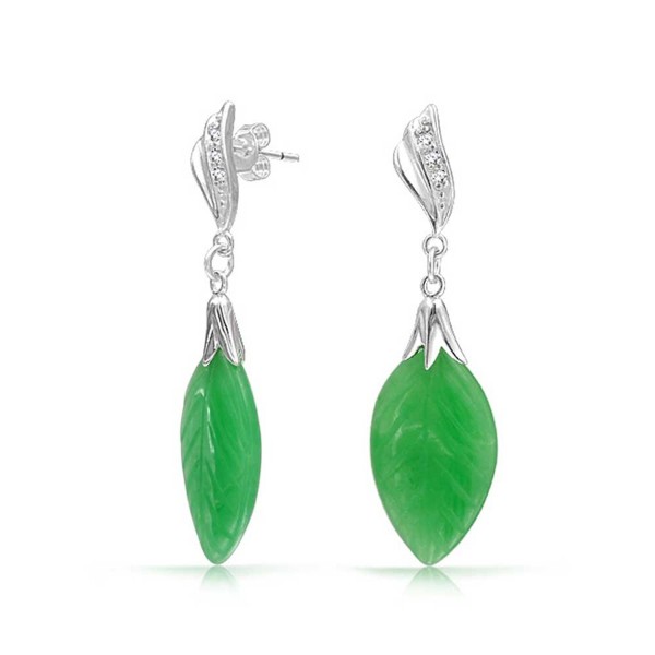 Bling Jewelry CZ Carved Leaf Simulated Green Jade Dangle Drop Earrings 925 Sterling Silver - CG11EQ24IV7