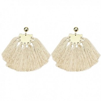 Mina Gold Disk Bohemian Statement Boho Tassel Fringe Updated Ethnic Warrior Hoop Earrings - Beige - CC185IQOI8Z