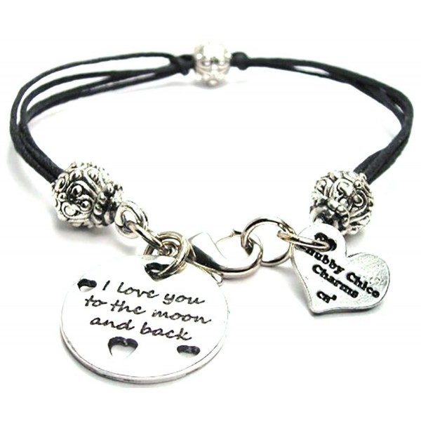 I Love You to the Moon and Back with Hearts Black Cord Pewter Beaded Bracelet - CJ11FWW4V5D