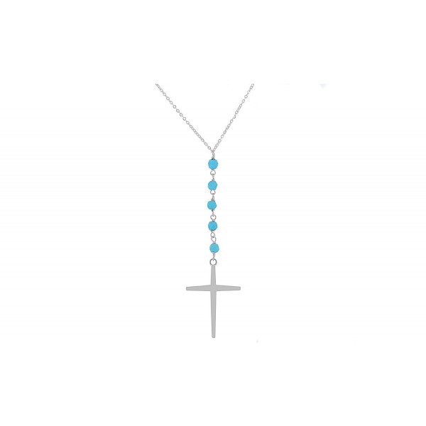 NYC Sterling Women Silver Turquoise Beaded Drop Cross Necklace - CZ12O14SFPT